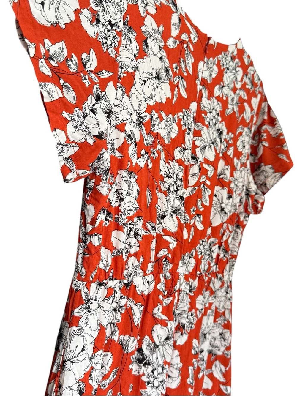 Roolee Burnt Orange w/ Black & White Floral Wrap-Style Ruffle Accent Maxi Dress - Picture 10 of 14